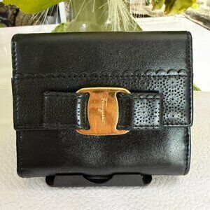 Salvatore Ferragamo Gancini Black Leather Wallet Gold Hardware Authentic
